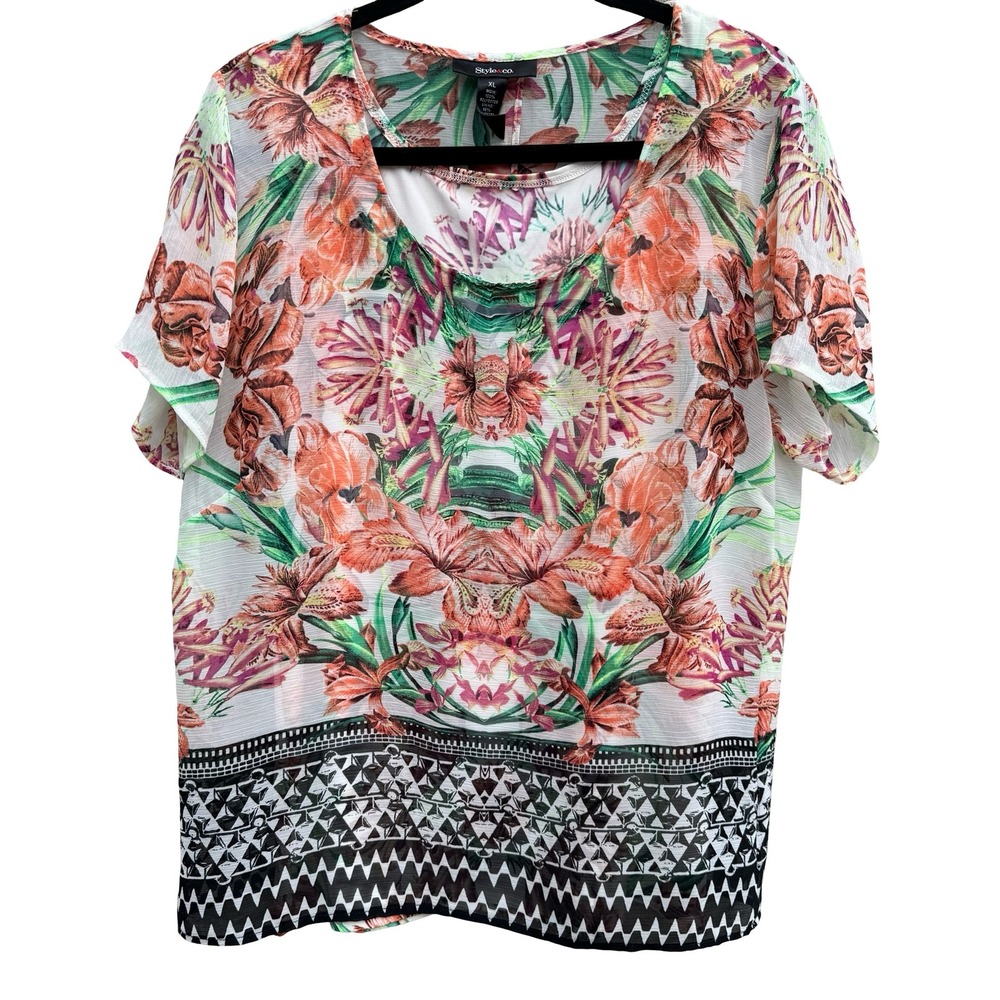 Style & Co Boho Floral Geometric Flowy Split Back Blouse Eclectic Art To Wear XL